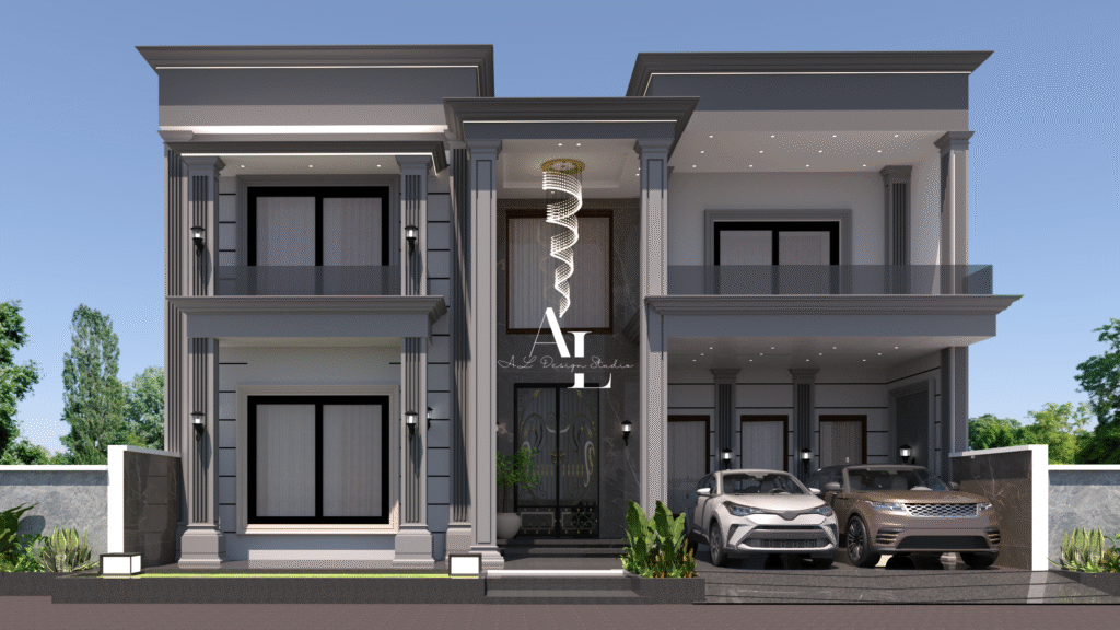 Tropical modern villa with open courtyard and concrete finish in Bali.